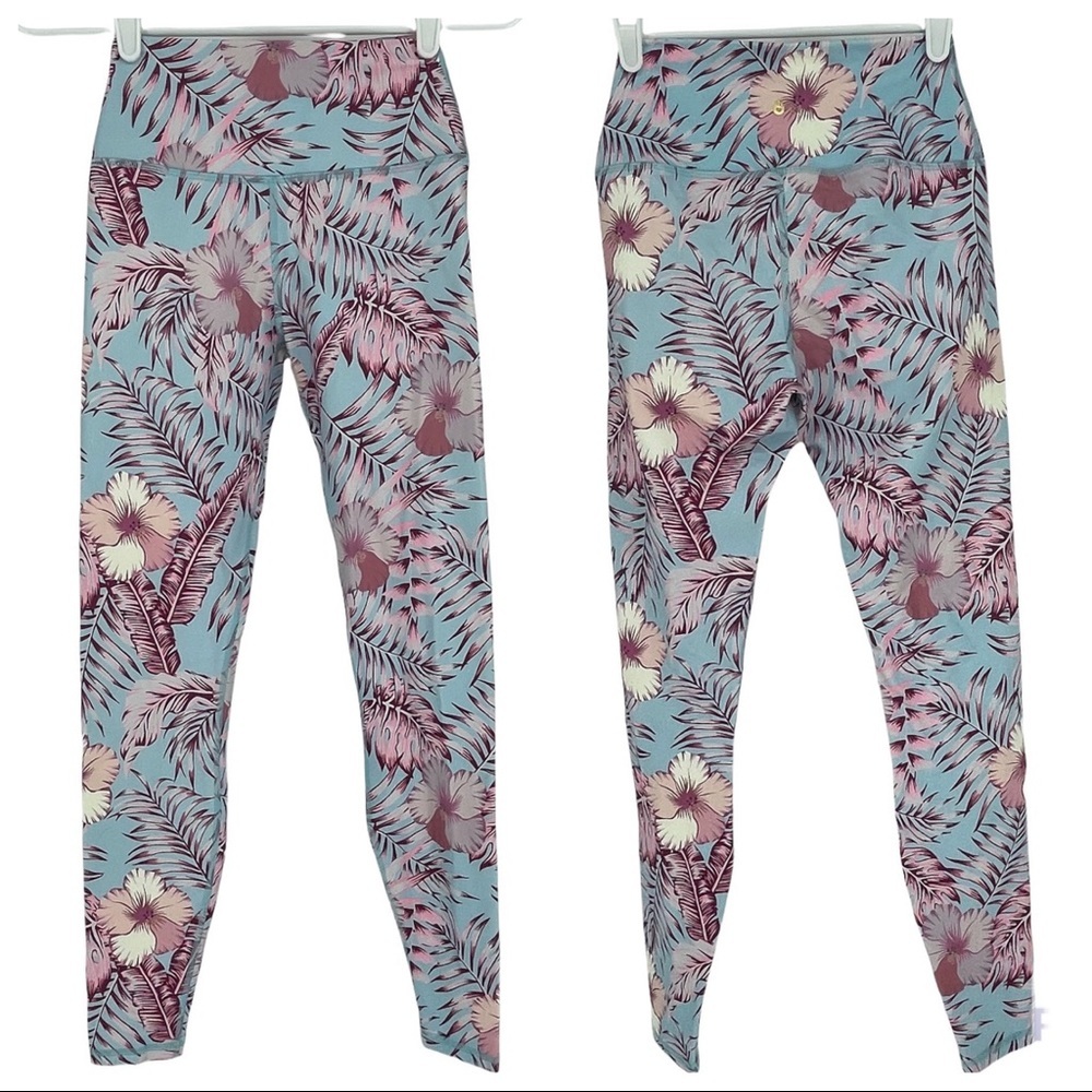 SPIRITUAL GANGSTER TROPICAL HAWAIIAN PRINT BLUE PINK HIGH RISE LEGGINGS SMALL - Picture 1 of 5